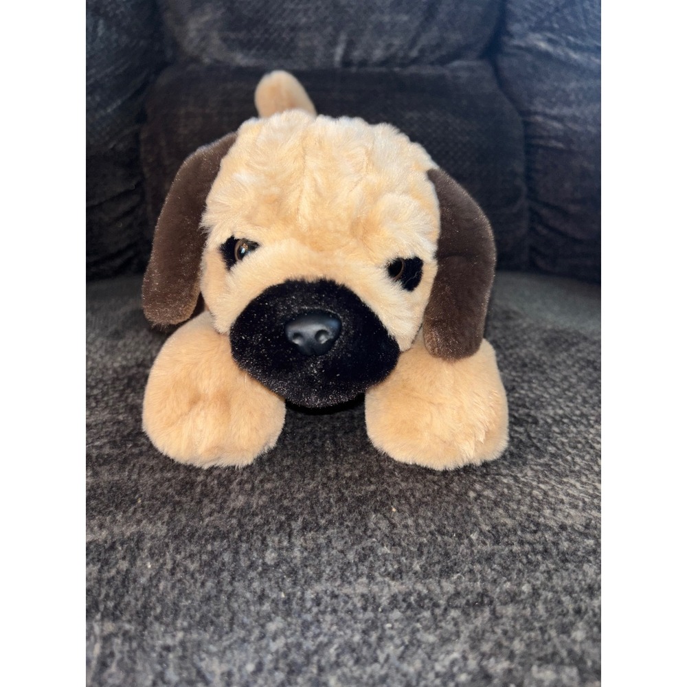 FAO Schwarz Plush Pug Dog Stuffed Animal Tan Brown Black Floppy 12 Inch